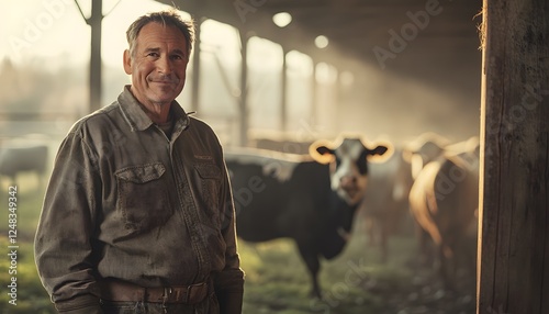 Smiling farmer stands proudly in barn with his cows