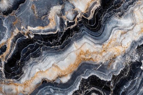 Intricate swirls of black, white, and gold create a mesmerizing pattern on polished marble, showcasing nature's artistry in stone formation