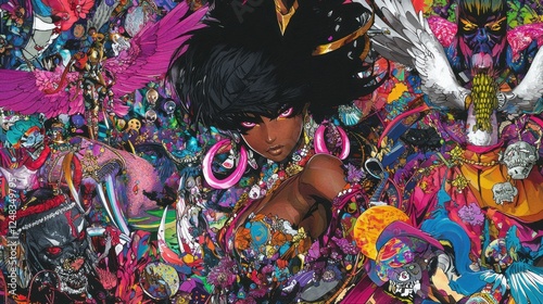 Woman surrounded by colorful designs; vibrant digital art; possible use for background art photo