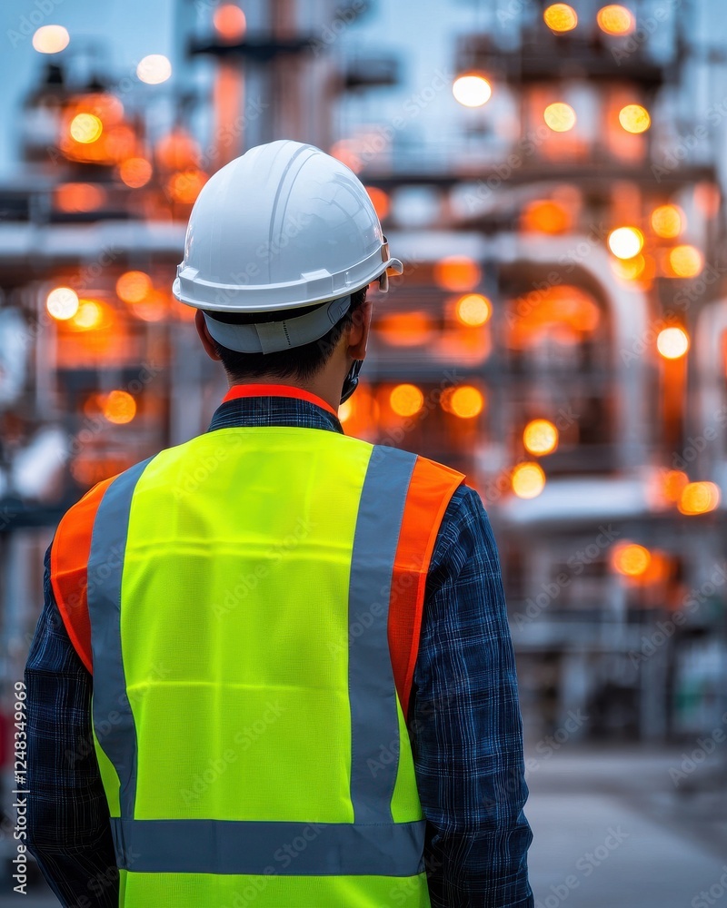 A worker in safety gear observes an industrial facility illuminated by bright lights, highlighting a focus on safety and operational efficiency. A worker in safety gear observes an industrial facility illuminated by bright lights, highlighting a focus on safety and operational efficiency.