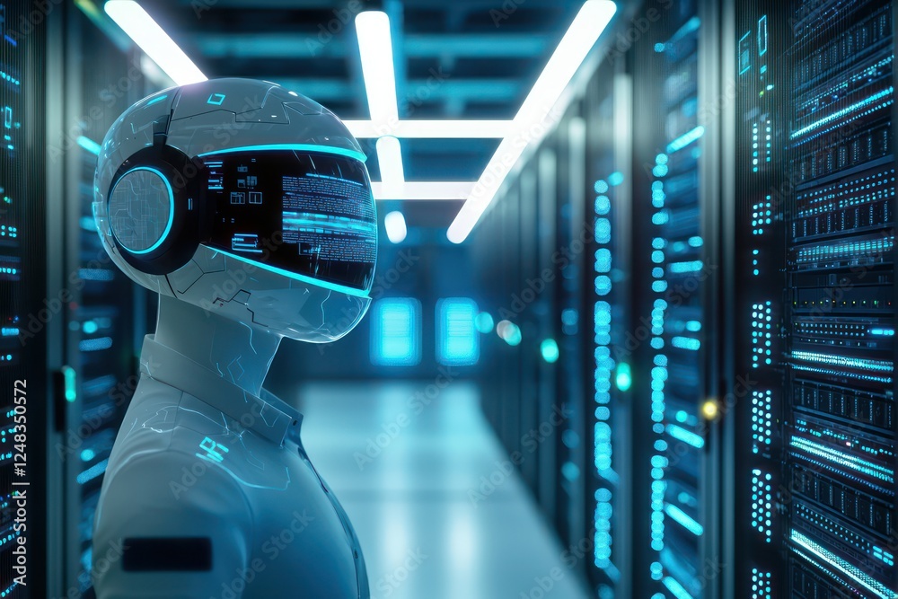 Fototapeta premium AI virtual assistants guide server room technicians through daily tasks.