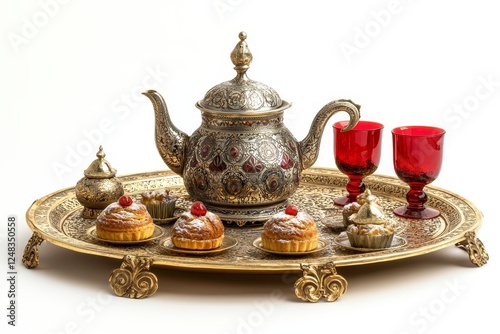 Ornate Tea Set with Pastries on a Trays, White Background photo