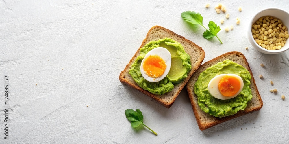 A delectable duo of whole-grain toast, each generously topped with creamy avocado spread and a perfectly halved hard-boiled egg, presented on a pristine white surface. A delectable duo of whole-grain toast, each generously topped with creamy avocado spread and a perfectly halved hard-boiled egg, presented on a pristine white surface.