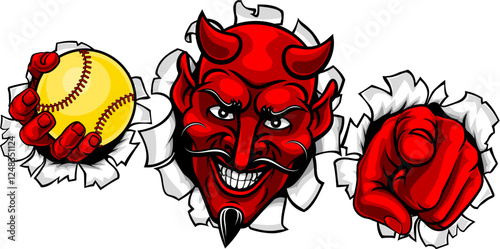 A devil man holding softball ball, breaking through the background and pointing sports team mascot illustration.