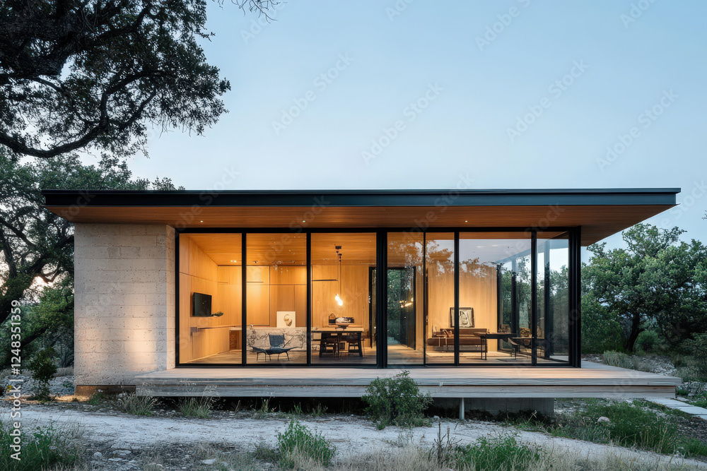 Fototapeta premium Minimalist modern home stands serene in nature