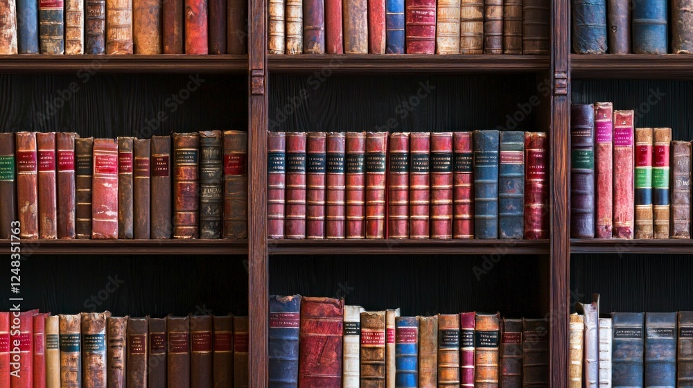 Naklejka premium Antique Books On Wooden Shelves In Library
