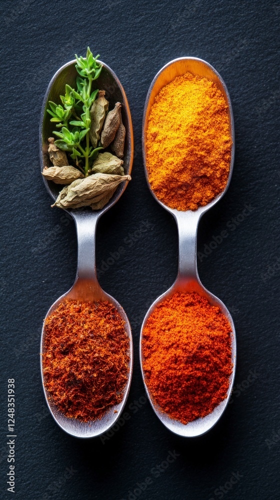 Assorted Spices In Spoons On Dark Background Assorted Spices In Spoons On Dark Background
