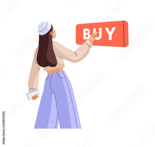 Concept of online shopping. Customer presses on button to buy at internet store. Modern buyer makes purchase in click in marketplace back view. Flat isolated vector illustration on white background