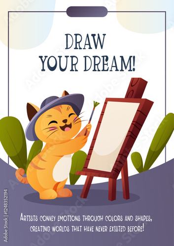 Vector flyer with a cartoon cat in a hat painting on an easel with a creativity quote. Great for art schools, courses, studios, workshops, and exhibitions. 