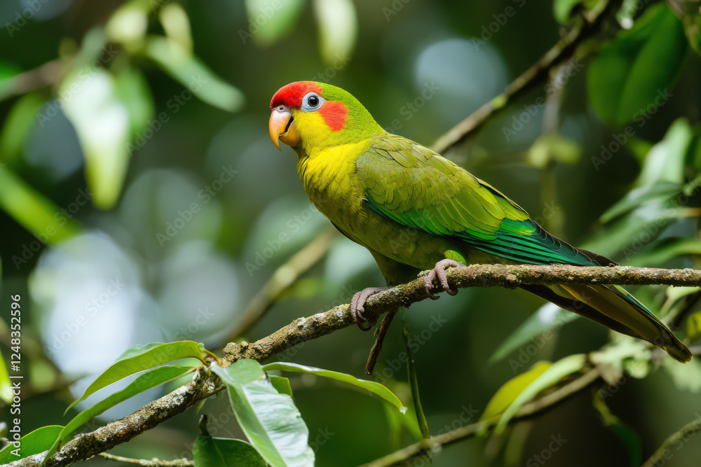 Naklejka premium Colorful parrot observes surroundings