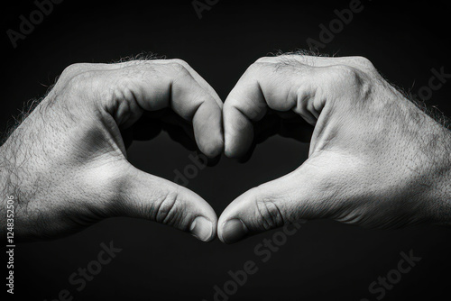 man hands making a heart shape with his fingers. Black and white photo photo