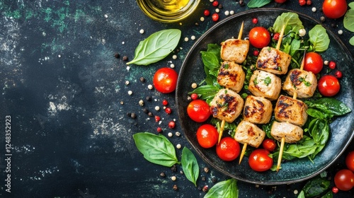 Grilled Chicken Skewers with Fresh Vegetables and Herbs on Plate