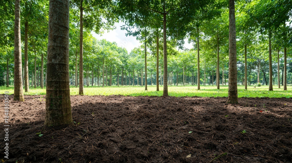 Fototapeta premium Forest landscape with numerous trees and visible soil erosion in rubber tree plantation area