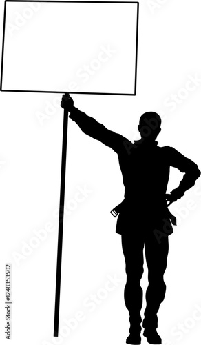 Protestor or demonstrator at a demonstration march, picket line or strike protest rally in silhouette. Holding up a banner or picket sign board placard.