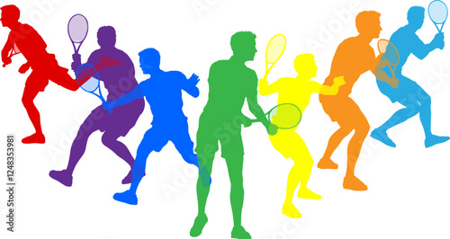 Silhouette Tennis male men players set. Active sports people healthy players fitness silhouettes concept.