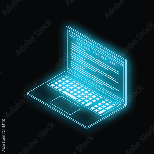 Neon blue laptop showing code on the screen, isolated on black background