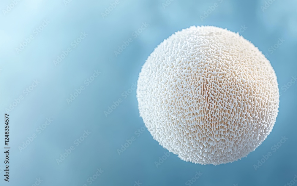 A puffball mushroom spinning in motion with soft reflective details on a cool blue gradient background A puffball mushroom spinning in motion with soft reflective details on a cool blue gradient background