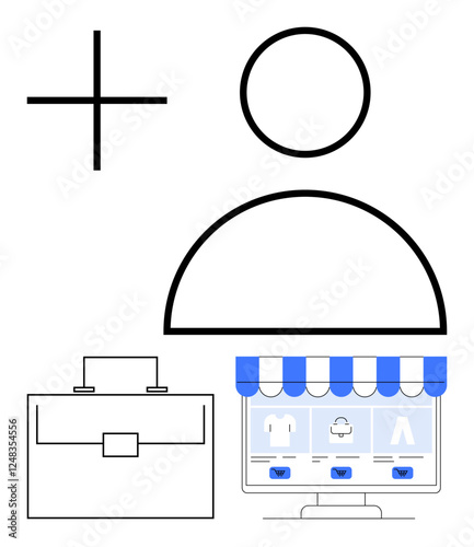 Abstract user figure near shopping storefront, briefcase, and add icon. Ideal for e-commerce, online business, retail strategy, account creation, marketing tools, entrepreneurship abstract line flat