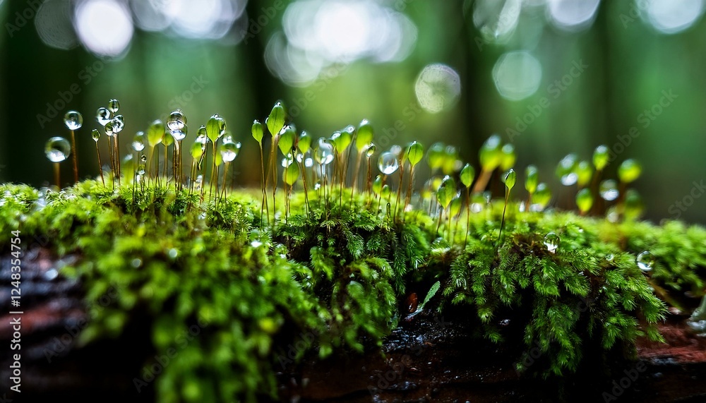 The texture of young moss growing on a damp tree trunk, with tiny water droplets highlighting its vibrant green color and natural detail.