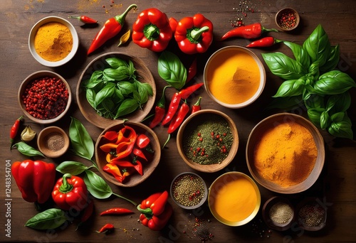 Wallpaper Mural colorful flat lay display featuring fresh vibrant spices artfully arranged eye catching culinary presentation, ingredients, herbs, vegetables, garlic Torontodigital.ca