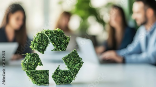 A business team discussing environmental responsibility strategies, focusing on reducing waste and improving energy efficiency in their operations