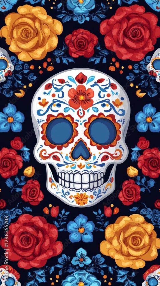 Colorful Pixel Art Sugar Skull Pattern With Roses Colorful Pixel Art Sugar Skull Pattern With Roses