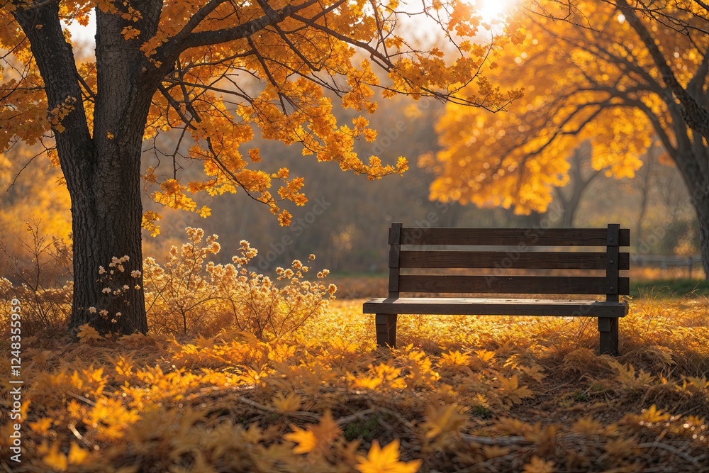 Serene Autumn Landscape with Golden Leaves, Blooming Branches, and a Wooden Bench in Sunlight Serene Autumn Landscape with Golden Leaves, Blooming Branches, and a Wooden Bench in Sunlight