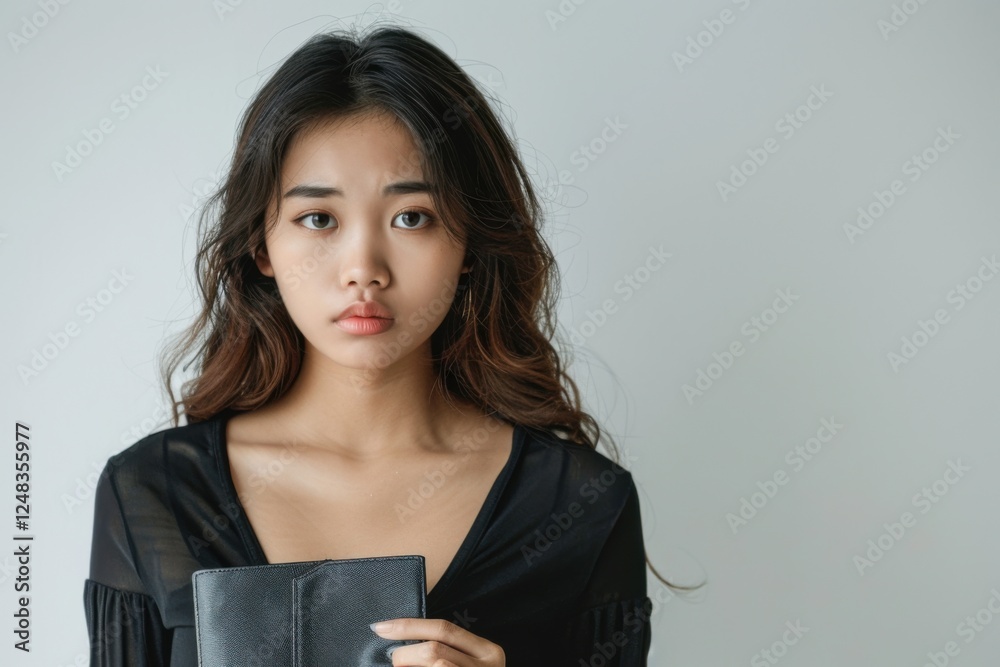 Obraz premium Asian woman in office holding empty wallet, looking distressed, white background