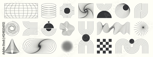 Abstract minimal element mid century vector set. Aesthetic contemporary stripe line art, geometric shape in monochrome. Art form design for wall art, decoration, wallpaper.