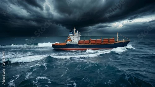 Large loaded Container ship cruising across sea, Aerial view