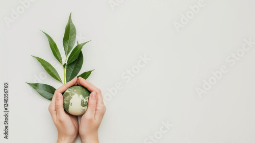 Hands Cradling Earth and Green Leaves Symbolizing Environmental Awareness and Sustainability in a Minimalist Setting photo