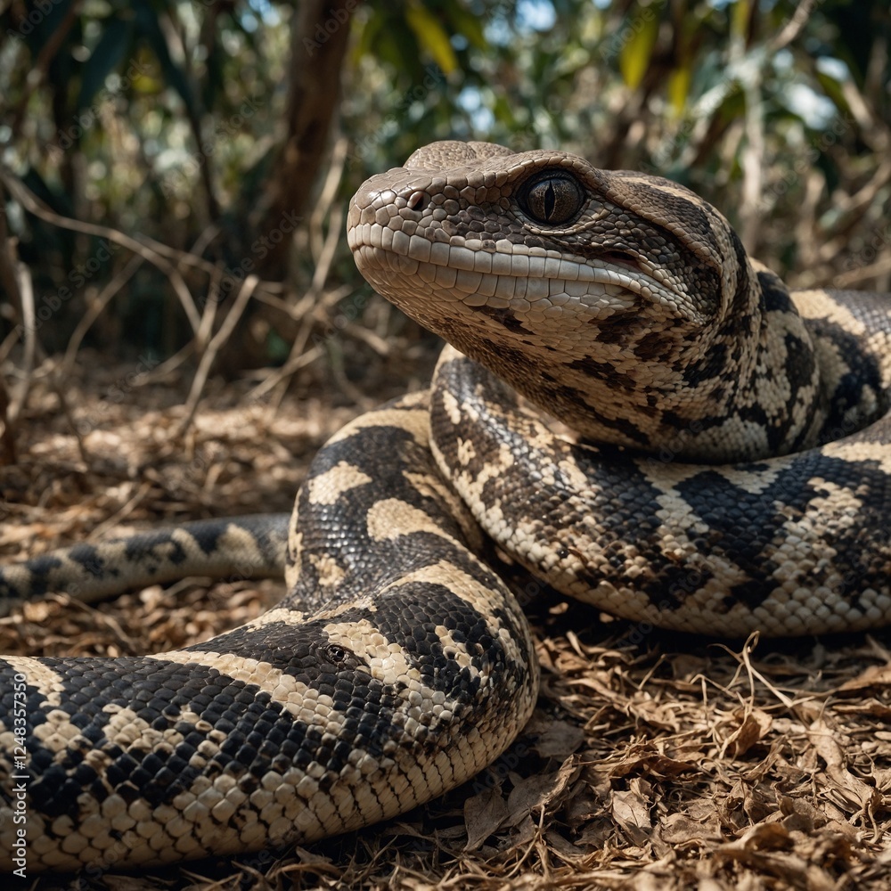 Fototapeta premium Close-up of a snake showcasing its detailed scales and eye. snake in the garden A close-up of a coiled snake resting on the forest floor among leaves and grass.