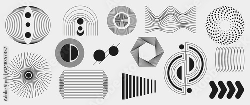 Abstract minimal element mid century vector set. Aesthetic contemporary stripe line art, geometric shape in monochrome. Art form design for wall art, decoration, wallpaper.