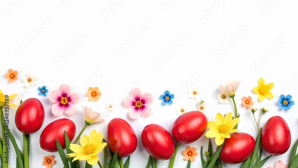 Obraz premium Colorful flowers and red eggs create. Easter banner