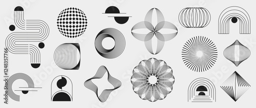 Abstract minimal element mid century vector set. Aesthetic contemporary stripe line art, geometric shape in monochrome. Art form design for wall art, decoration, wallpaper.