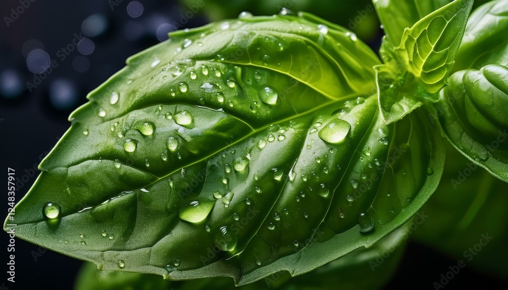 A detailed shot of a fresh basil leaf with tiny water droplets on its surface, emphasizing its vibrant green color and natural texture. A detailed shot of a fresh basil leaf with tiny water droplets on its surface, emphasizing its vibrant green color and natural texture.