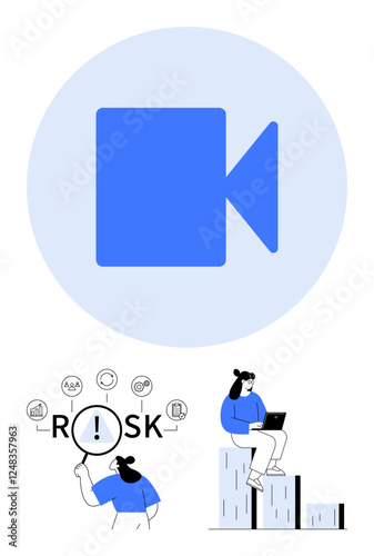 Blue video camera icon, woman sitting on bar graphs with laptop, and magnifier over risk surrounded by icons. Ideal for data analysis, digital meetings, cybersecurity, business insights, virtual