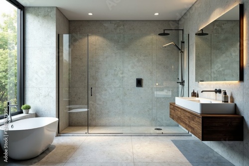 Frameless glass shower, concrete wall, floating vanity, black, glass, modern bathroom