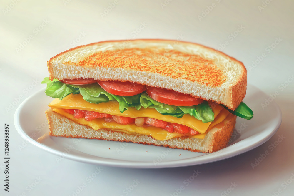 Gourmet Multi-Layered Sandwich with Bacon, Cheese, Vegetables, and Cream Cheese on White Background Gourmet Multi-Layered Sandwich with Bacon, Cheese, Vegetables, and Cream Cheese on White Background