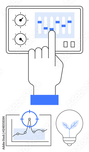 Hand adjusting sliders on a control panel, graph with target marker, and light bulb with leaf. Ideal for innovation, analytics, control systems, growth, precision, sustainability abstract line flat