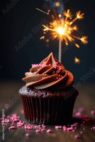 A chocolate cupcake with sprinkles and a burning sparkler , macro, one, sugary