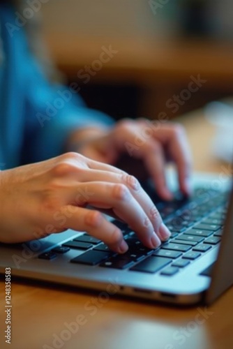 Young hands skillfully navigating laptop keys, office worker, contemporary