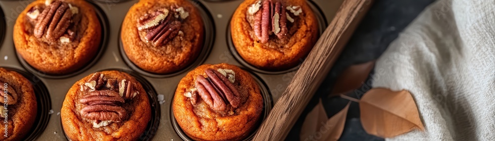 Fototapeta premium Fluffy cinnamon-spiced sweet potato muffins topped with crunchy pecans for a delicious fall treat.