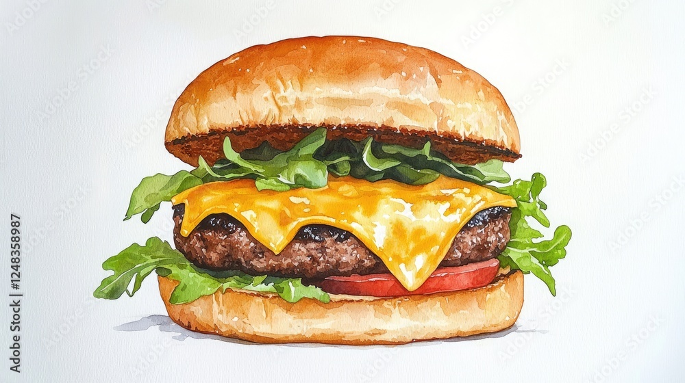 Delicious Cheddar Cheese Burger with Fresh Vegetables and Bun Delicious Cheddar Cheese Burger with Fresh Vegetables and Bun