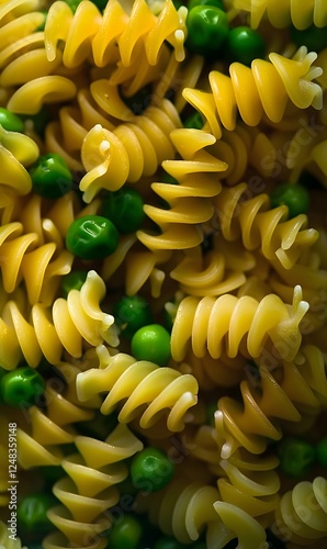 Tempting Close-up Overhead Shot of Delectable Pasta Dish with Peas in Elegant Gourmet Kitchen Setting