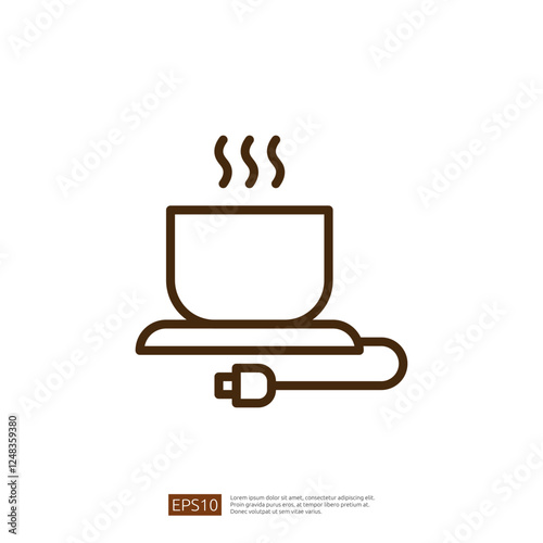 Coffee Icon with Steaming Cup on Heat Base and Electric Cord for Home Brewing in Minimalist Line Art Design