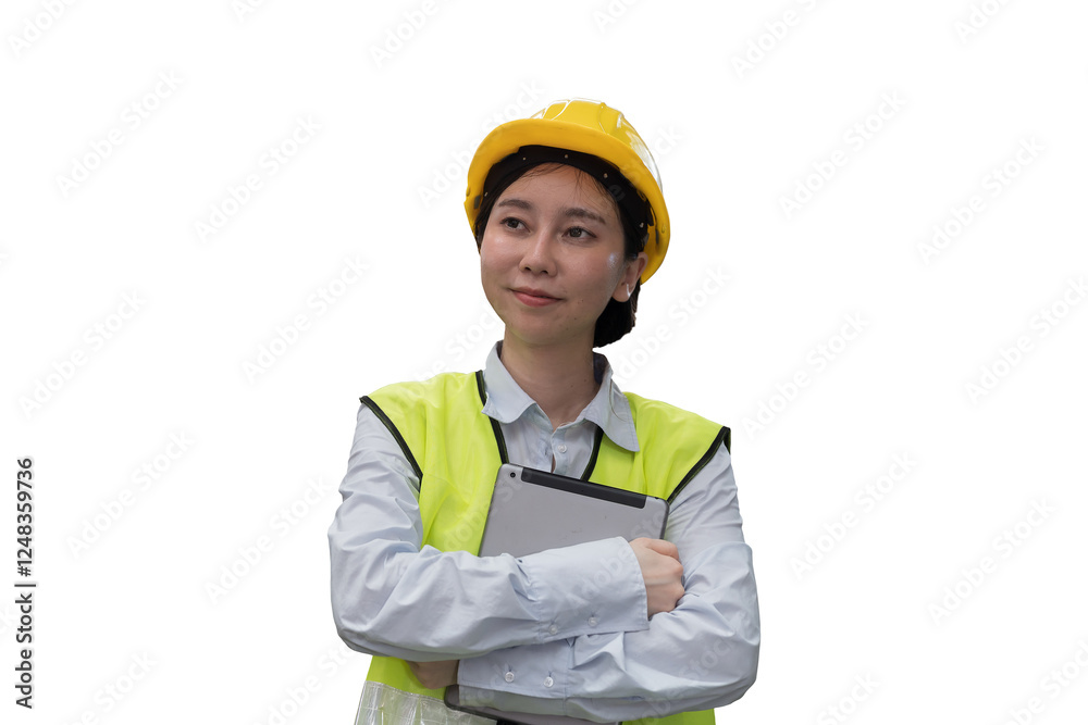 Asian woman worker working with digital tablet on transparent background. Female worker using digital tablet on transparent background Asian woman worker working with digital tablet on transparent background. Female worker using digital tablet on transparent background