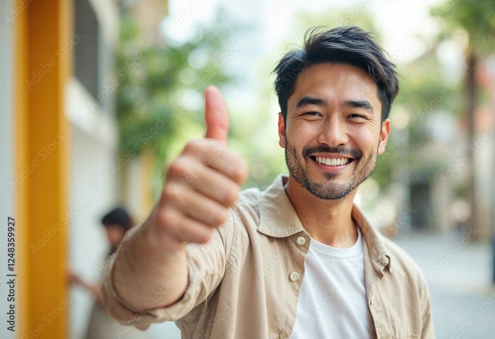 medium shot of asian man giving a thumbs up gesture to the camera medium shot of asian man giving a thumbs up gesture to the camera