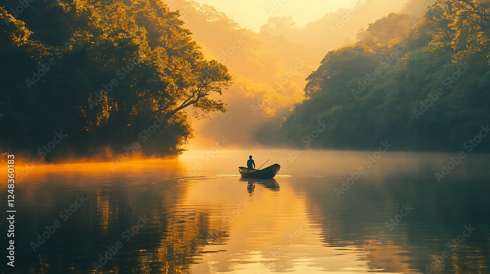 Golden Sunrise River Boat Man Serene Tranquil Scene Golden Sunrise River Boat Man Serene Tranquil Scene
