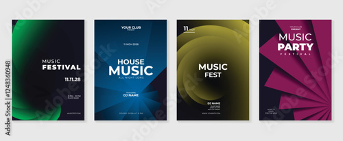 Music poster design background vector set. Electro Sound Cover template with vibrant abstract gradient geometric shape and line wave. Ideal design for social media, flyer, party, music festival, club.